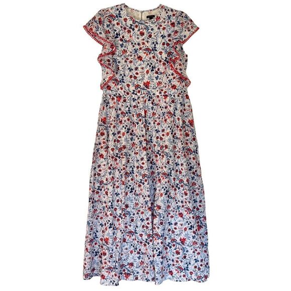Ann Taylor red and blue floral ruffle trim maxi dress size small - Picture 3 of 12